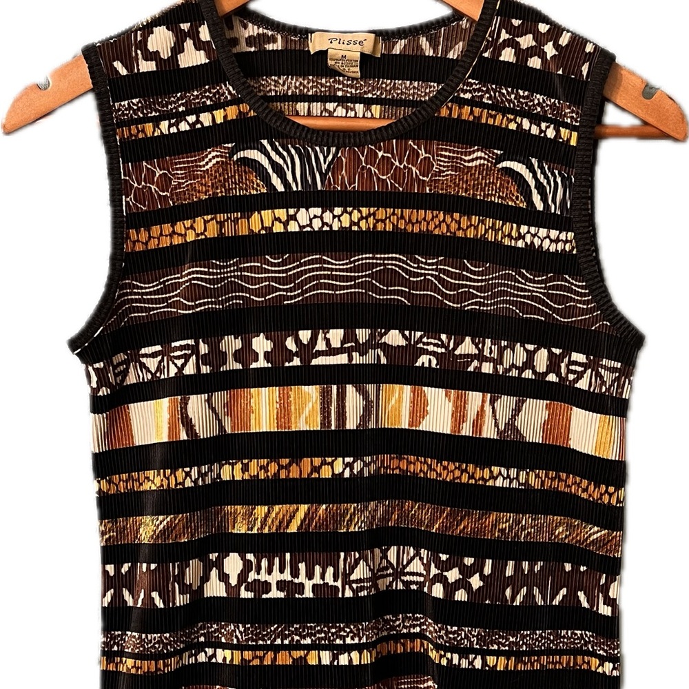 PLISSE Ladies Crew Neck Sleeveless Stretch Blouse Animal Print Theme Vintage